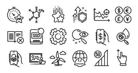 Money app, Search and Delivery app line icons set. Secure shield and Money currency exchange. Chemical formula, Global engineering and Photo studio icons. Vector