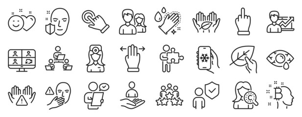 Set of People icons, such as Customer survey, Fair trade, Teamwork icons. Face protection, Clean hands, Touchscreen gesture signs. Video conference, Multitasking gesture, Puzzle. Smile. Vector