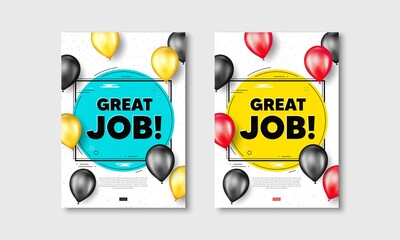 Great job text. Flyer posters with realistic balloons cover. Recruitment agency sign. Hire employees symbol. Great job text frame white posters. Balloons cover. Vector