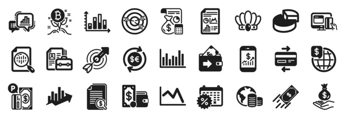 Set of Finance icons, such as Line chart, Money currency, Bitcoin project icons. World money, Bar diagram, Crown signs. Parking payment, Analytics chart, Calendar discounts. Vacancy. Vector