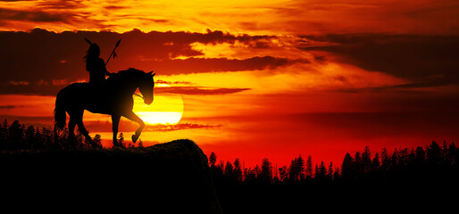 Fototapeta na wymiar Indian of America on horseback at sunset