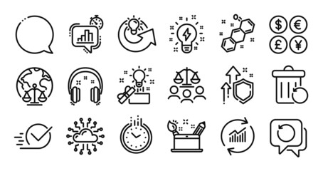 Creative idea, Chemical formula and Headphones line icons set. Secure shield and Money currency exchange. Recovery data, Checkbox and Inspiration icons. Vector
