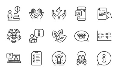 Science icons set. Included icon as 5g phone, Safe energy, Fair trade signs. Eco organic, Column diagram, Hold document symbols. Recovered person, Quickstart guide, Checklist. Faq. Vector