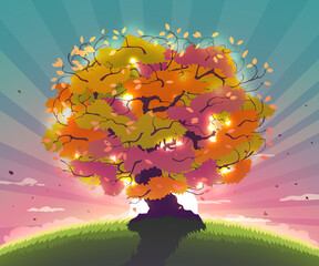 Magic spring tree with colored crown of leaves on the background of a sunny sunset with beautiful rays illustration. Nature landscape art in vector.