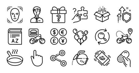Businessman person, Frying pan and Coffee pot line icons set. Secure shield and Money currency exchange. Share, Food delivery and Search icons. Secret gift, Hand click and Face detection signs. Vector
