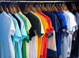 Variety of men clothes in modern garments shop