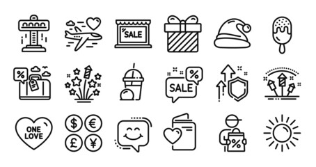 Attraction, One love and Honeymoon travel line icons set. Secure shield and Money currency exchange. Fireworks rocket, Ice cream milkshake and Fireworks stars icons. Vector