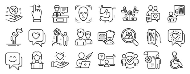 Fototapeta na wymiar Set of People icons, such as Like, Dating chat, Vaccination appointment icons. Search employees, Chef, Exhibitors signs. Disabled, Leadership, Touchscreen gesture. Face detection, Woman. Vector