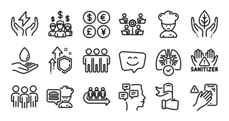 Cooking chef, Water care and Queue line icons set. Secure shield and Money currency exchange. Leadership, Messages and Fair trade icons. Teamwork, Group and Dont touch signs. Vector