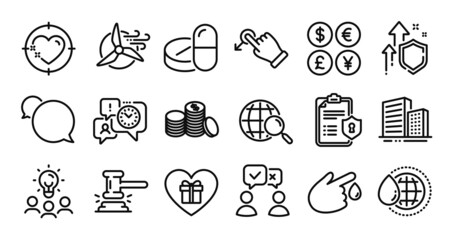 People voting, Windmill turbine and Judge hammer line icons set. Secure shield and Money currency exchange. Business idea, World water and Privacy policy icons. Vector