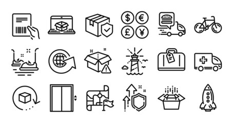 Ambulance emergency, Parcel invoice and Delivery warning line icons set. Secure shield and Money currency exchange. Lighthouse, Packing boxes and Bicycle icons. Vector