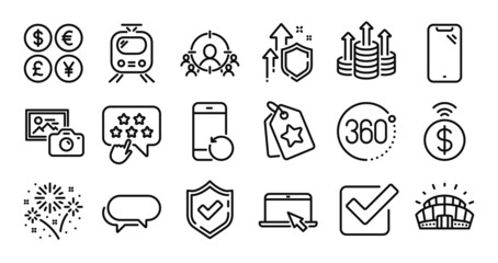 Smartphone, Loyalty tags and Business targeting line icons set. Secure shield and Money currency exchange. Confirmed, Photo camera and Portable computer icons. Vector
