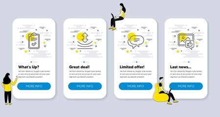 Set of line icons, such as Text message, Resilience, Checklist icons. UI phone app screens with people. Like photo line symbols. Chat bubble, Elastic, Survey. Thumbs up. Phone UI banners. Vector