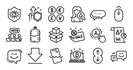 Happy emotion, Online voting and Cooler bottle line icons set. Secure shield and Money currency exchange. Ab testing, Eye protection and Swipe up icons. Vector