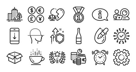 Coffee cup, Open box and Scroll down line icons set. Secure shield and Money currency exchange. Seo gear, Champagne bottle and Best rank icons. Vector
