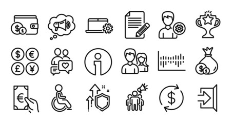 Teamwork, Exit and Column diagram line icons set. Secure shield and Money currency exchange. Brand ambassador, Info and Disabled icons. Support, Usd exchange and Megaphone signs. Vector