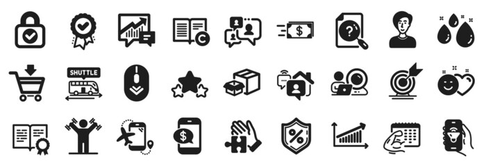 Set of Business icons, such as Certificate, Music app, Chart icons. Flights application, Money transfer, Scroll down signs. Puzzle, Security lock, Shuttle bus. Loan percent, Stars, Smile. Vector