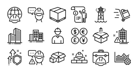 Builder warning, Engineer and Building warning line icons set. Secure shield and Money currency exchange. Construction bricks, Push cart and Delivery box icons. Vector