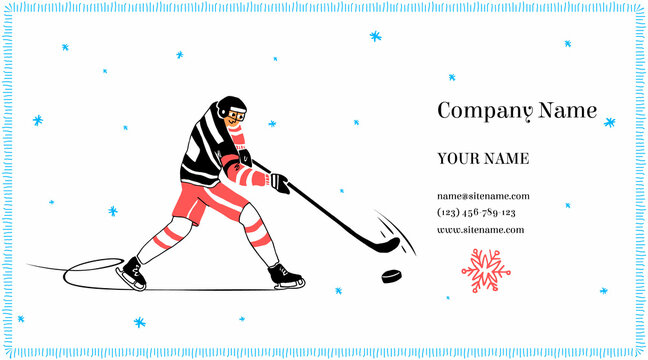 Vector layout, business card template on theme of winter sports for sports companies, sportswear, equipment stores, etc. Hockey player is depicted in motion, hitting the puck. Background snowflakes.