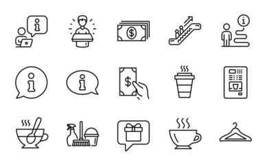 Line icons set. Included icon as Wish list, Escalator, Takeaway signs. Brand ambassador, Tea cup, Receive money symbols. Cloakroom, Banking, Coffee. Coffee vending, Household service. Vector