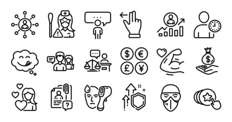 Strong arm, Electronic thermometer and Medical mask line icons set. Secure shield and Money currency exchange. Networking, Income money and Hold heart icons. Vector