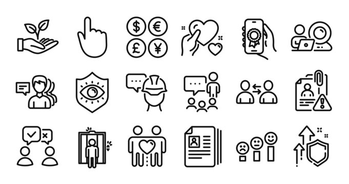 Eye protection, Award app and Hold heart line icons set. Secure shield and Money currency exchange. Search employee, People and Hand click icons. Vector