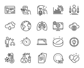 Vector set of Timer, Documents and Rainy weather line icons set. Chemistry lab, Certificate and Laptop icons. Medical pills, Freezing and 360 degrees signs. Timer web symbol. Vector