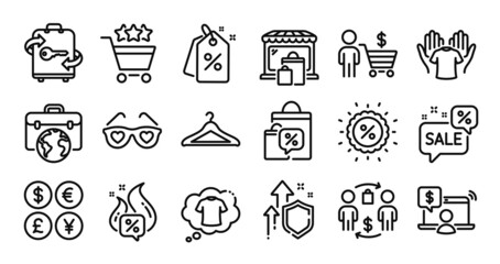 Sale bags, Hold t-shirt and Love glasses line icons set. Secure shield and Money currency exchange. Buying process, T-shirt and Businessman case icons. Vector