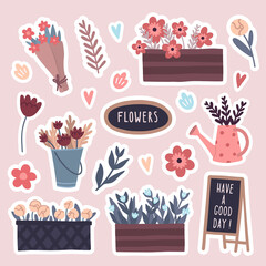 Vector floral sticker set with flowers and thematic elements