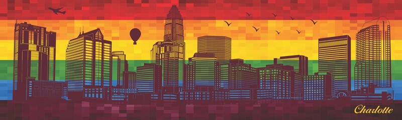 Charlotte on LGBT flag background - illustration, 
Town in Rainbow background, 
Vector city skyline silhouette