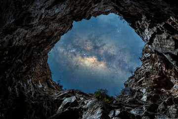 view from the bottom of the mine or cave to the sky with Milky Way