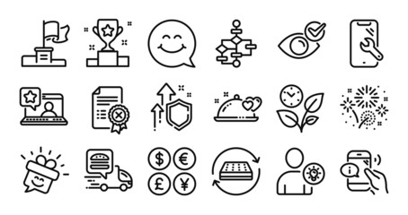 Smile face, Block diagram and Romantic dinner line icons set. Secure shield and Money currency exchange. Winner cup, Mattress and Online rating icons. Vector
