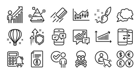 Calculator alarm, Phone communication and Air balloon line icons set. Secure shield and Money currency exchange. Financial diagram, Chat message and Paint brush icons. Vector