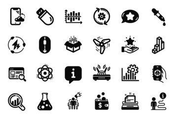 Vector Set of Technology icons related to Diagram chart, Seo analysis and Atom icons. 3d chart, 3d app and Scroll down signs. Wifi, Open box and Loyalty program. Chemistry pipette. Vector