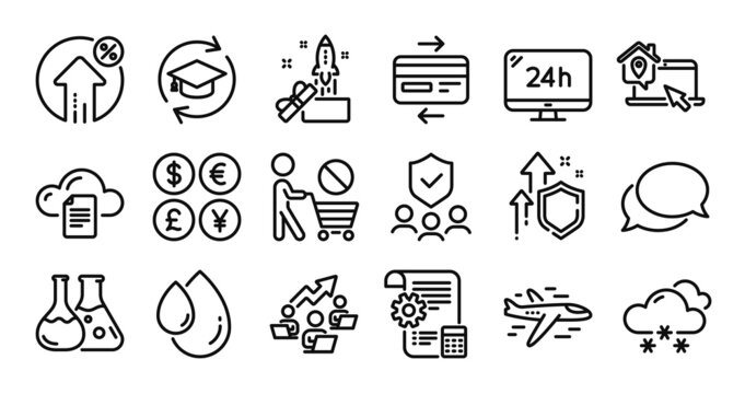 Chemistry lab, Messenger and Innovation line icons set. Secure shield and Money currency exchange. Continuing education, 24h service and Airplane icons. Vector