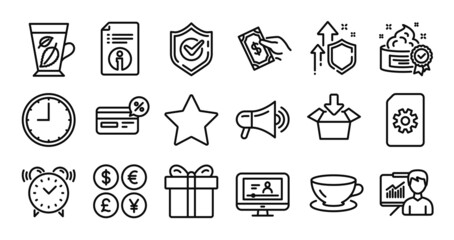 Online video, Pay money and Cashback line icons set. Secure shield and Money currency exchange. Presentation, Mint leaves and Star icons. Confirmed, Cream and Gift box signs. Vector