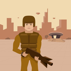 Fantastic. A soldier against the backdrop of a space station and a modern city.