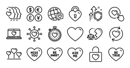 Web love, Divorce lawyer and Update relationships line icons set. Secure shield and Money currency exchange. Love heart, Ask me and Heart icons. Vector