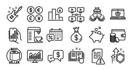 Coffee machine, Payment method and Statistics line icons set. Secure shield and Money currency exchange. Electric guitar, Technical documentation and Analysis app icons. Vector