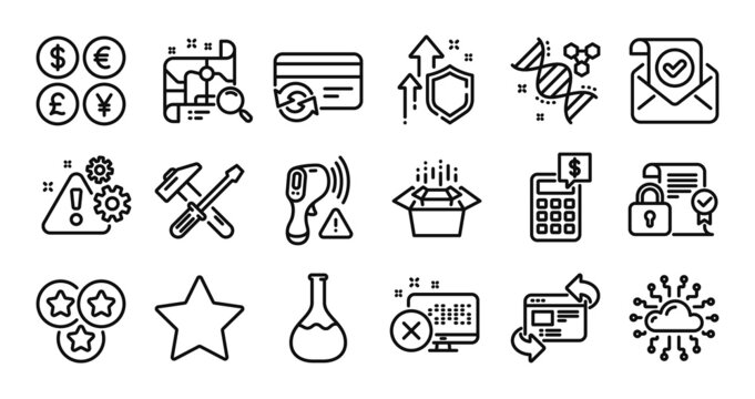 Packing boxes, Change card and Reject access line icons set. Secure shield and Money currency exchange. Refresh website, Cloud network and Chemistry lab icons. Vector