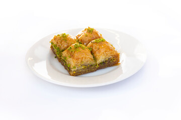 Traditional Turkish baklava, cut into four slices
