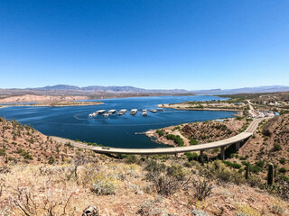 Naklejka premium View of Roosevelt Lake Bridge from the Arizona Trail, Roosevelt, Arizona, U. S. A.