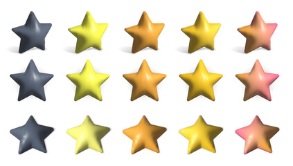 3d stars of various colors Black, Yellow, Orange, Red. Asterisk in the rotated position side view, top view.  Realistic 3d design of the object. For mobile applications. Vector illustration