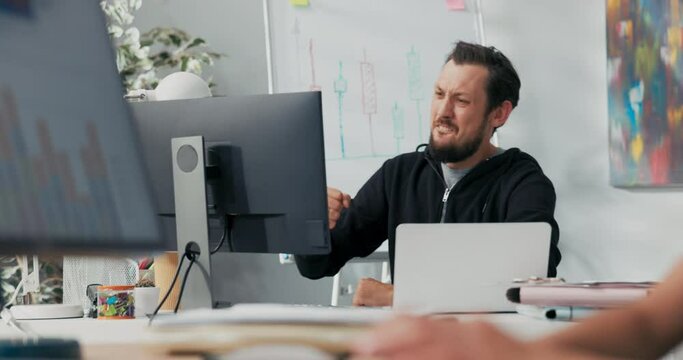 Satisfied Office Worker Sitting In Front Of The Computer Monitor, Happy To Receive Email About Promotion Raises Hands Clenched In Fists Into The Air, Clapping Hands, Cheer Win Victory Signing Contract