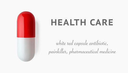 White red medicine capsule 3d realistic vector illustration. Concept healthcare horizontal banner. Antibiotic or painkiller pill