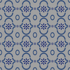 Vector flat design of seamless beautiful blue flowers in curve lines are repeating on gray background pattern design for decorating, fabric,wrapping, textile, wallpaper,apparel,tile,mosaic.