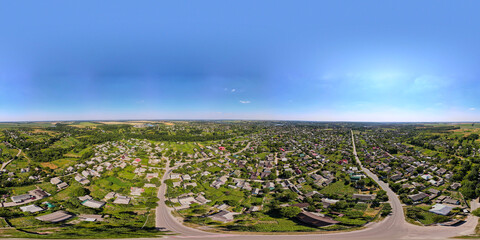 Panorama, Aerial, Village, Sown Fields, Houses, Valley, Alleys, Gardens, Sunny, Clear Clouds, Ukraine, Stavishche
