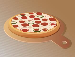 Pizza on a round cutting board on a brown background
