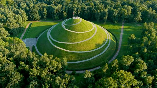 Aerial view of Pilsudski's Mound, an artificial mound located near Krakow