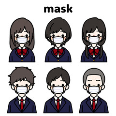 人物イラストセット_学生_マスク
